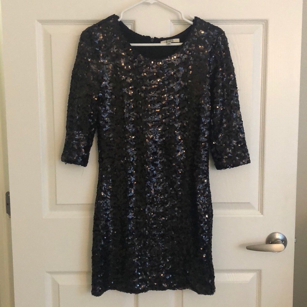 BB Dakota Elbow Sleeve Black Sequin Dress!